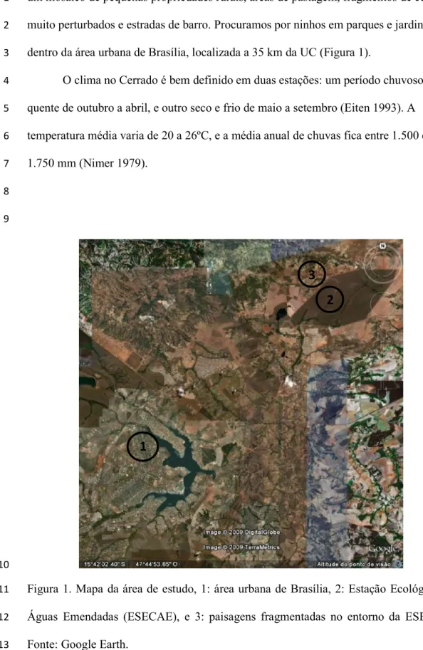 Figura 1. Mapa da área de estudo, 1: área urbana de Brasília, 2: Estação Ecológica de 11 