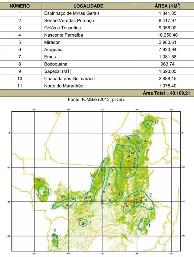 Figura 2: Área de ocupação de Panthera onca no Cerrado brasileiro, populações sugeridas  (polígonos azuis) com a presença confirmada ou inferida (pontos amarelos)