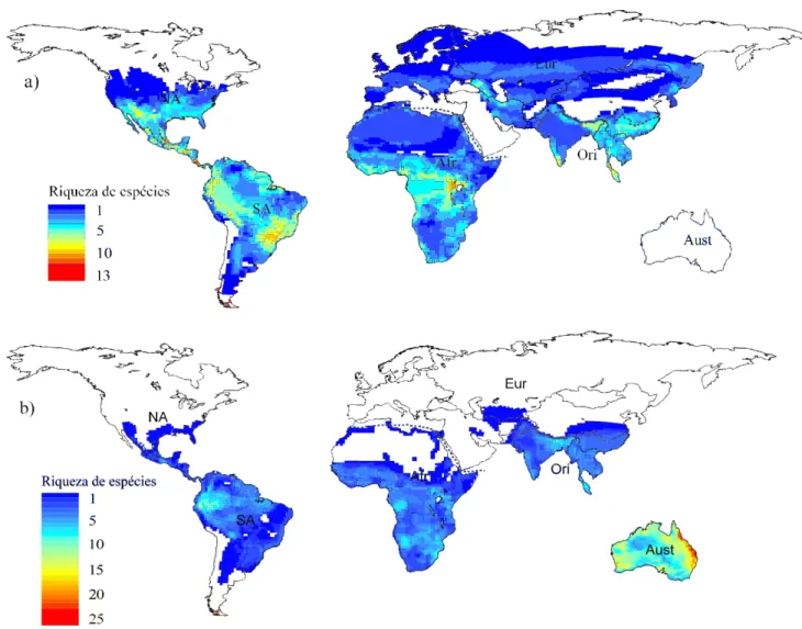 Figura 1. Padrão global de riqueza de espécies de Viperidae (a) e Elapidae (b). As linhas  tracejadas  delimitam  as  regiões  biogeográficas  de  Cox  (2001):  NA  –  região  Norte  Americana; SA – região Sul Americana; Afr – região Africana; Eur – Região
