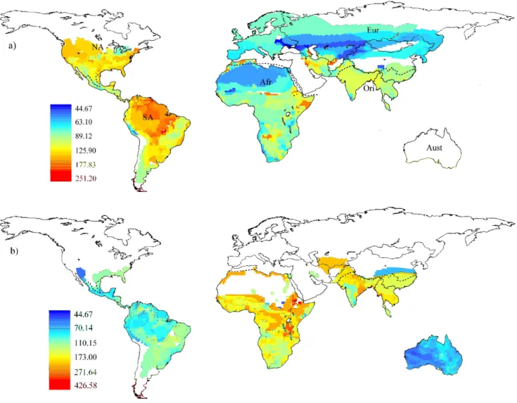 Figura 4. Padrão geográfico do tamanho médio do corpo das espécies de Viperidae (a) e  Elapidae (b)