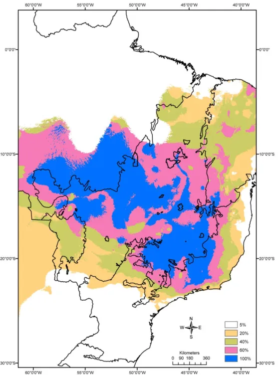 Figura 10.  Mapa da adequabilidade ambiental de C.sulcidens nas unidades de  conservação de proteção integral do bioma Cerrado