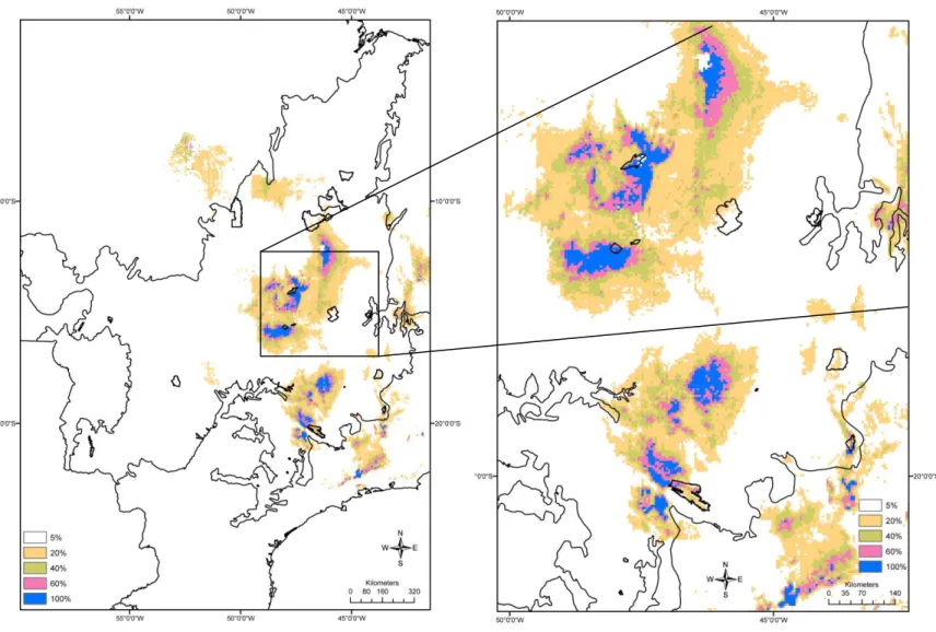 Figura 21. Mapa de adequabilidade ambiental para M. transitorius nas unidades de conservação de proteção integral do bioma Cerrado.