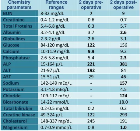 Table  5  –  Evolution  of  Katie’s  biochemistry  panel.  Beside  the  increased ALP and ALT, the changes are very subtle