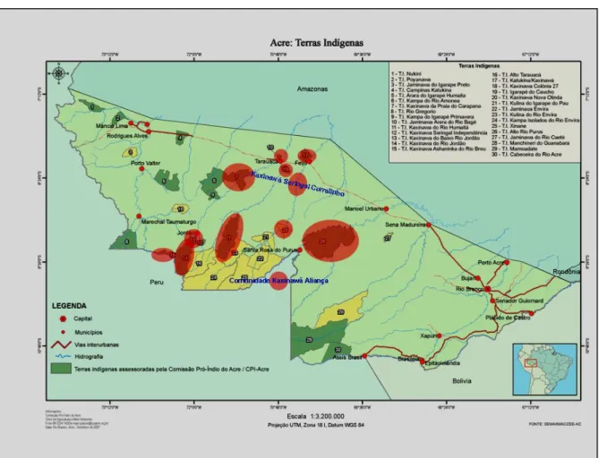 Figura 1  –  Localização das Terras  Huni kuĩ  do estado do Acre (balões vermelhos), extraído do Atlas  Geográfico do Acre, CPI/ACRE, 1995