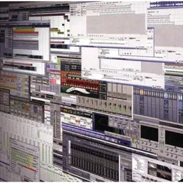 Fig. 7 – Telas sobrepostas de programas de gravação, mixagem, edição e masterização de áudio  (ProTools, Logic, Sonar, Cubase, Vegas, Sound Forge)
