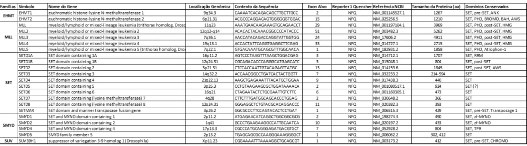 Tabela 5 – Características dos genes codificadores de metiltransferases de lisinas que foram avaliados inicialmente no estudo piloto 