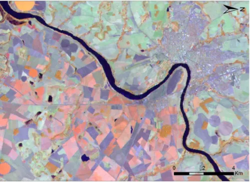 Figura 4 - Exemplo de feições de tipo antrópico, com a presença de feições urbanas, agricultura, solo exposto  (RGB453)