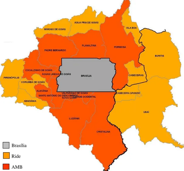 Figura 7. Mapa da Ride (adaptado), destacando as Áreas Metropolitanas de Brasília (NOTA TÉCNICA Nº  1/2014,  Delimitação  do  Espaço  Metropolitano  de  Brasília