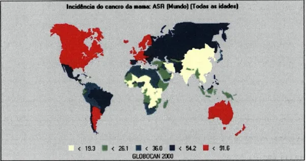 Figura 7 - Incidência do cancro da mama no mundo em 2000 (adaptado de Ferlay et ai., 2001).