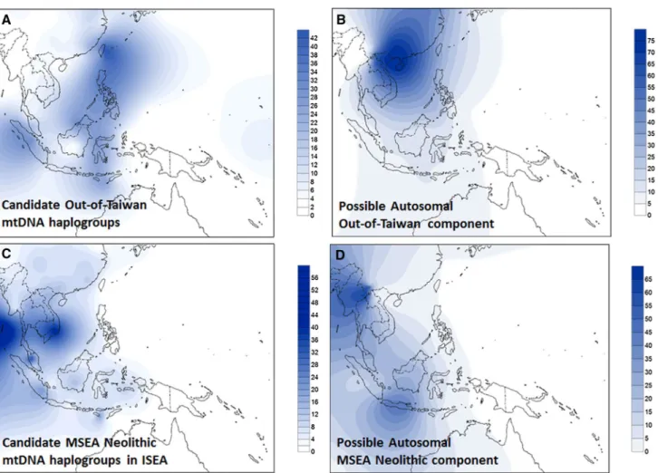 Fig. 2    Frequency map of probable Neolithic markers (lineages  argued to track one or other of the dispersals associated with  Neo-lithic ceramics) in mtDNA and genome-wide data