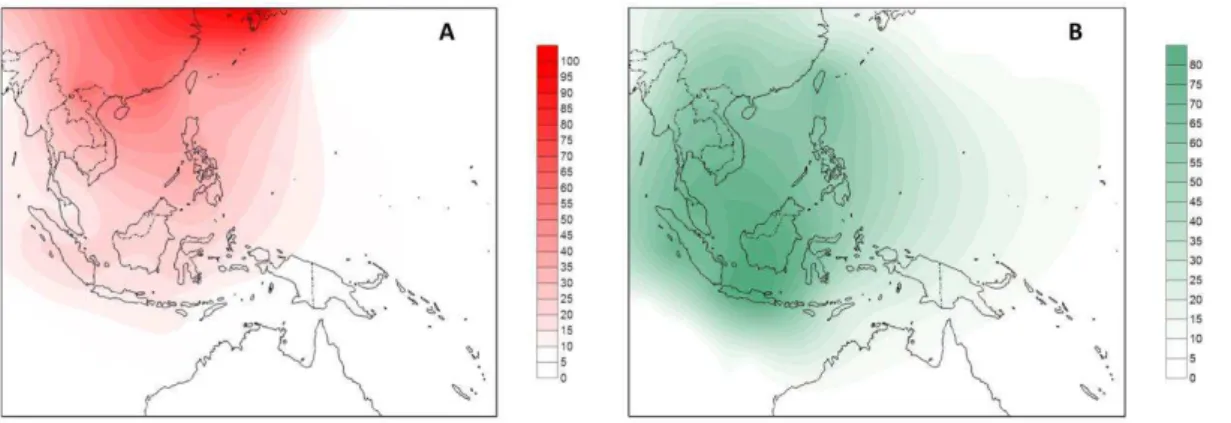 Figure  S8.  Frequency  distribution  maps  of  the  two  East  Asian  components  obtained  on  the  ADMIXTURE  analysis  when  five  ancestral  populations  were  considered