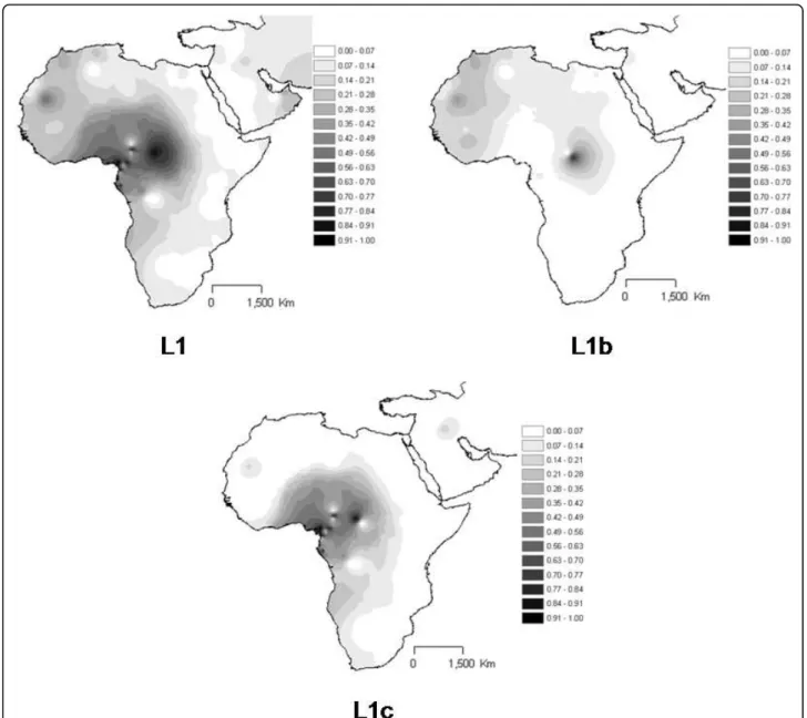 Figure 4 Interpolation maps for L1 haplogroup in the sub-Saharan pool observed in each sample.