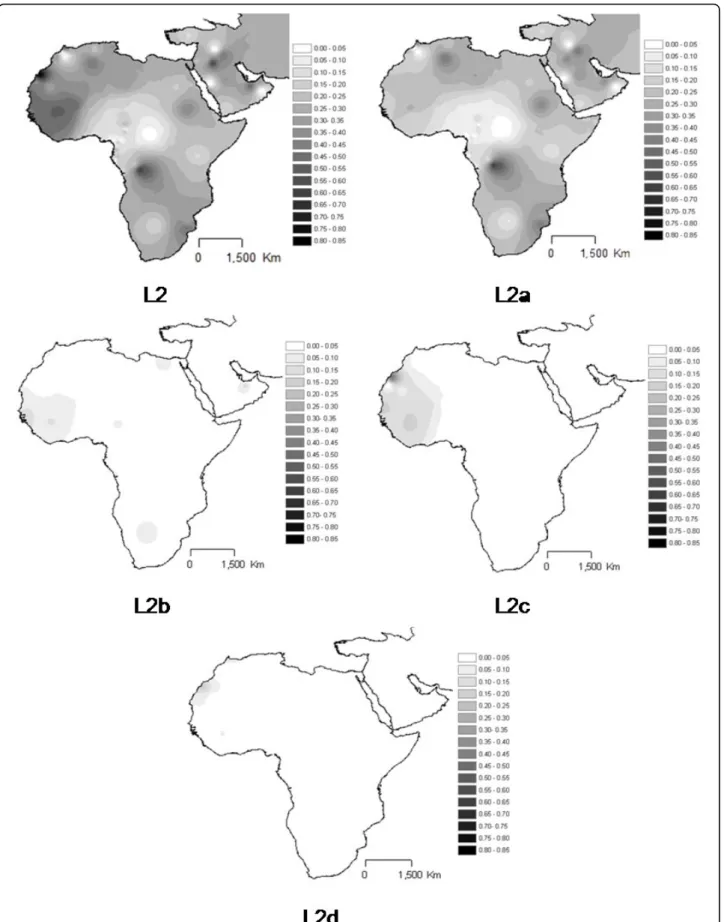 Figure 5 Interpolation maps for L2 haplogroup in the sub-Saharan pool observed in each sample.