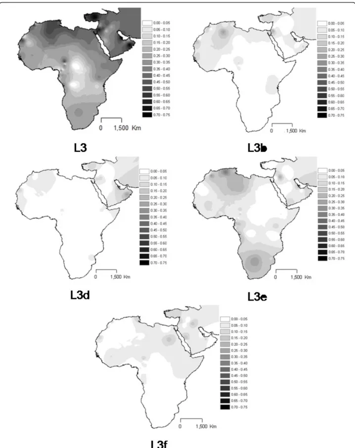 Figure 6 Interpolation maps for L3 total, L3b, L3d, L3e and L3f haplogroups in the sub-Saharan pool observed in each sample.