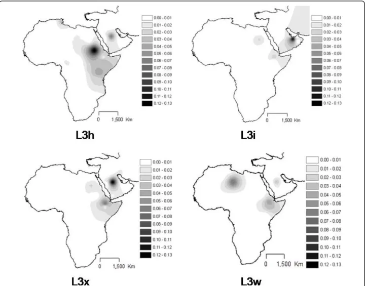 Figure 7 Interpolation maps for L3h, L3i, L3x and L3w haplogroups in the sub-Saharan pool observed in each sample.