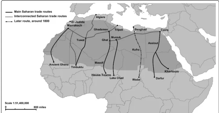 Figure 1 Routes for trans-Saharan slave trade. Adapted from Segal (2002) and Lovejoy (1983).