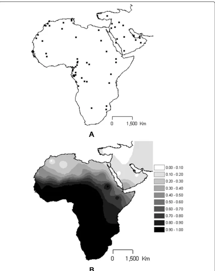Figure 2 Map showing location of the population samples (A) used in this work and interpolation map for the L lineages in those samples (B).