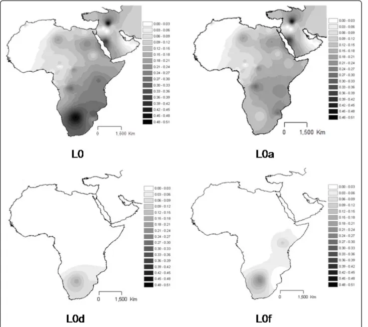 Figure 3 Interpolation maps for L0 haplogroup in the sub-Saharan pool observed in each sample.
