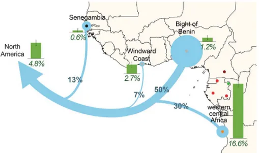 Fig. 4. Dissecting the African origins of African Americans. Estimated genetic contribution, indicated by blue circles, of diverse African populations to African Americans of North America (table S11)