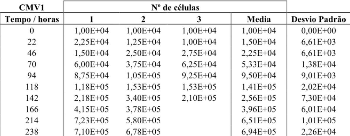 Gráfico 2 - Cinética de  crescimento da linha celular  CMV1 P46. Cada ponto  representa um triplicado