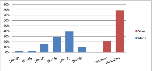 Gráfico 1 – Distribuição por faixas etárias (em anos) e por sexo dos doentes no internamento