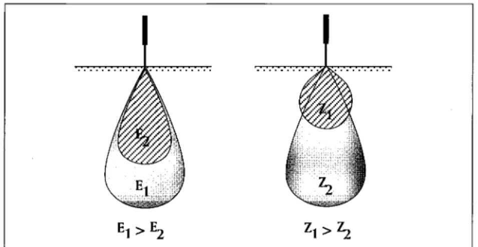 Fig. 2 - Efeito da energia do feixe de electrões (E) e do número atómico da amostra  (Z) no volume de interacção