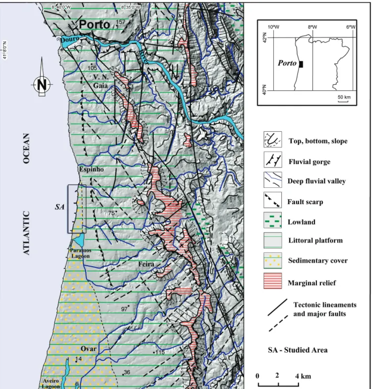 Figure 3. Geomorphological outline of Espinho region, South of Porto city, northwest Portugal (adapted from Gomes et al