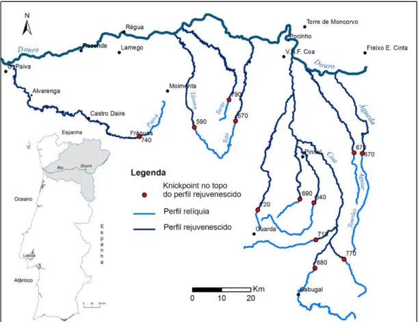 Figura 1 – Área de estudo e afluentes do rio Douro analisados neste trabalho. Os números  correspondem à altitude dos  knickpoints  no topo do perfil rejuvenescido