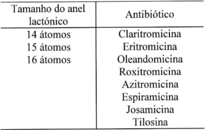 Tabela 11 - Classificação de alguns macrólidos (Anglada, R. R. 1997).  Tamanho do anel  lactónico  Antibiótico  14 átomos  Claritromicina  15 átomos  Eritromicina  16 átomos  Oleandomicina  Roxitromicina  Azitromicina  Espiramicina  Josamicina  Tilosina 