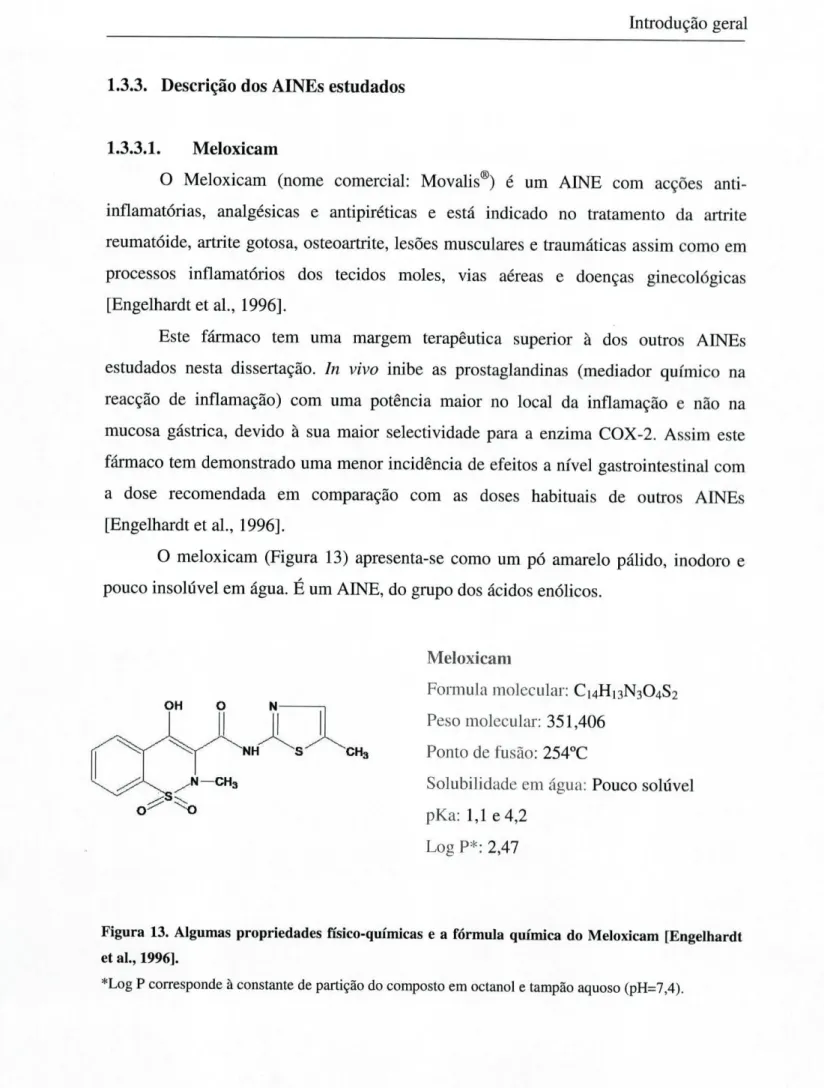 Figura 13. Algumas propriedades físico-químicas e a fórmula química do Meloxicam [Engelhardt  et ai., 1996]