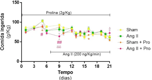 Figura 6 - Efeito da suplementação com Pro na quantidade de comida ingerida em  função do peso corporal (g/Kg), em ratos controlo (Sham) e tratados com Ang II, ao  longo do tempo