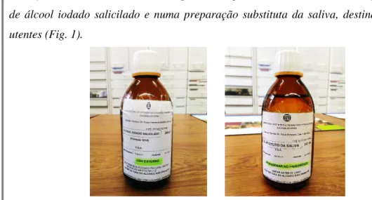 Figura 1  – Preparações manipuladas: “Álcool iodado salicilado” (esquerda) e “Substituto da saliva” 