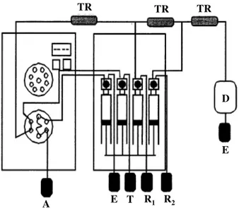 Figura  1.6  –   Esquema  representativo  de  um  sistema  de  MSFIA.  A  –  Amostra;  E  –  Esgoto;  T  –  Solução  transportadora;  R 1   e  R 2   –  Reagentes;  TR  –  Tubo  reactor;  D  –  Detector (adaptado de [62])