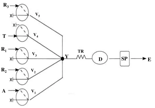Figura 1.8 –  Esquema representativo de um sistema MCFIA. A – Amostra; R 1  a R 3  –  Reagentes; T – Solução transportadora; V 1  a V 5  – Válvulas solenóides de três vias; Y –  Ponto de confluência; TR – Tubo reactor; D – Detector; SP – Sistema de propuls