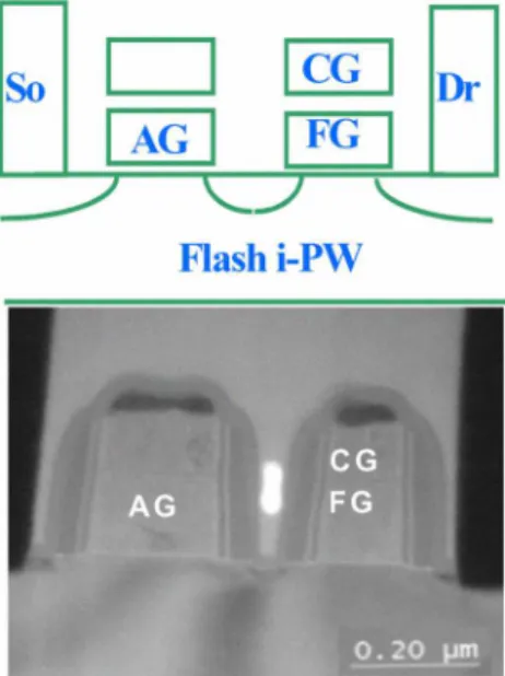 Fig. I . Top: A schematic cross section of the two-transistor cell. Control gate (CG) and floating gate (FG) are on the right side near the drain (Dr) while the access gate (AG) is on the left side near the source (So)