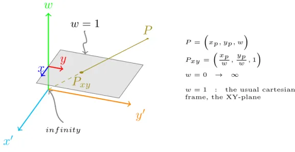 Figure 3.3: Homogeneous Coordinates - a geometric interpretation. A point P xy in cartesian R 2 space (w = 1) can have infinite representations in homogeneous coordinates