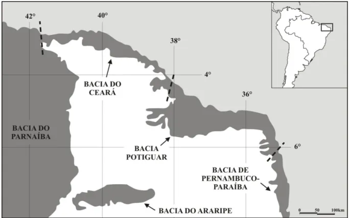 Figura 1. Localização da bacia do Araripe em relação a importantes bacias do nordeste do Brasil (modificado de  Arai et al., 2006).