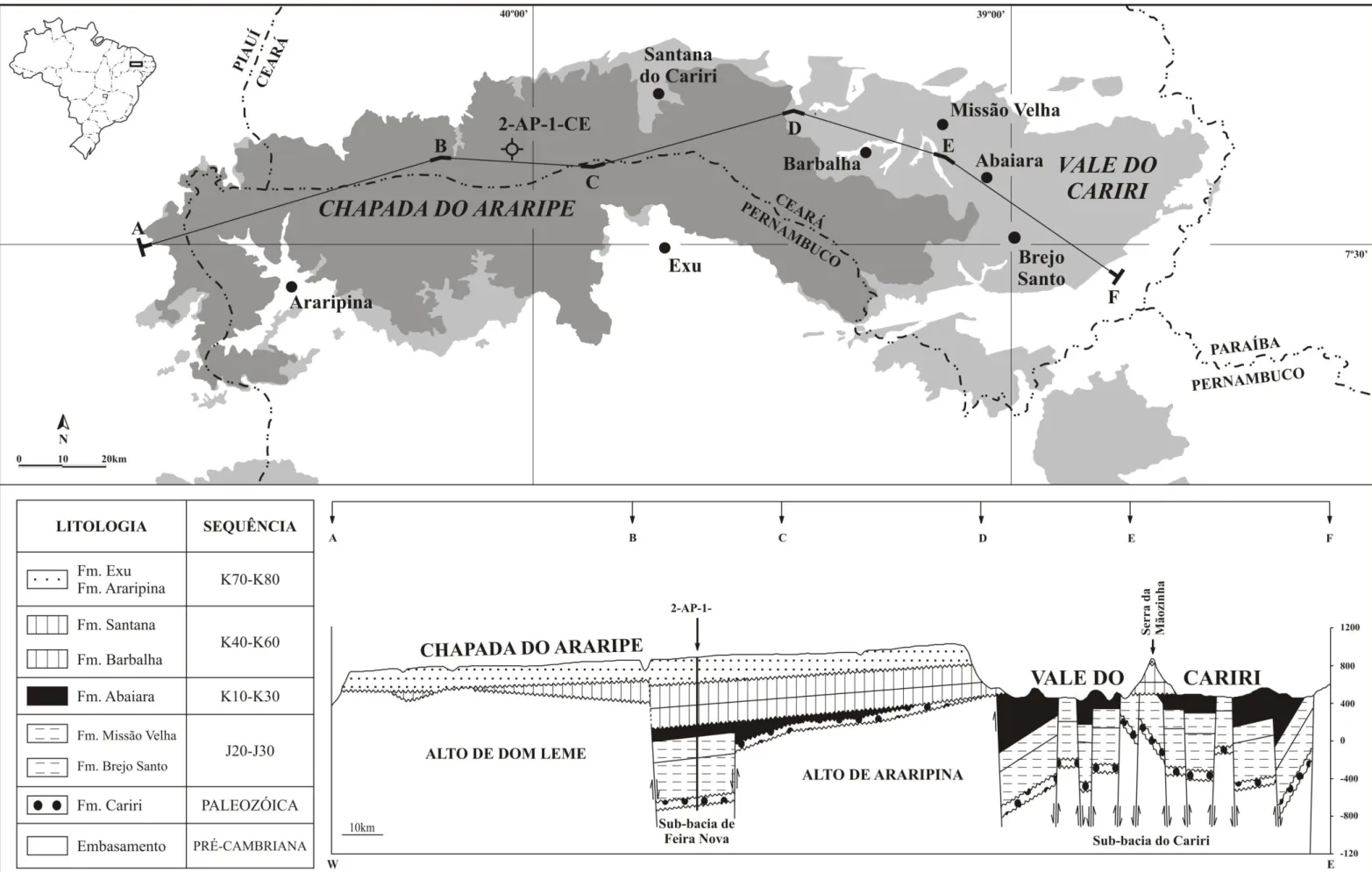 Figura 2. Mapa geológico da bacia do Araripe e de localização das perfurações IPS-11-CE e IPS-12-CE (modificado de Assine, 1990)