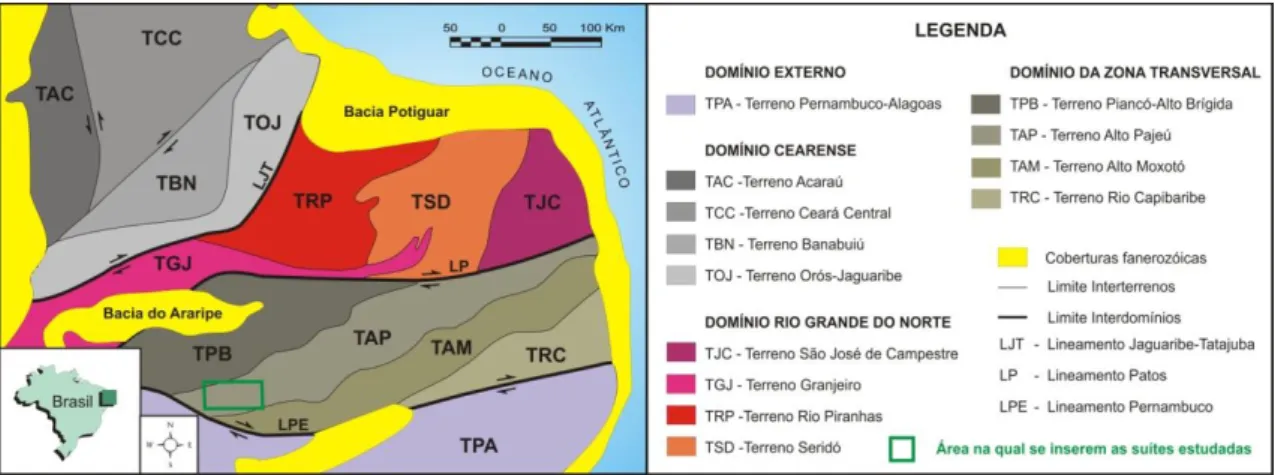 Figura  3  -  Compartimentação  do  segmento  central  ou  Domínio  da  Zona  Transversal  (fica  as  suítes  máfica-ultramáficas estudadas), norte (domínios Rio Grande do Norte e Cearense) e externo da Província  Borborema  em  domínios  (ou  superterreno