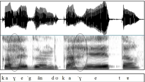 Figura  9:  forma  da  onda  e  espectrograma  contendo  o  rótico  realizado  como  [ ɣ ]  na  sentença 