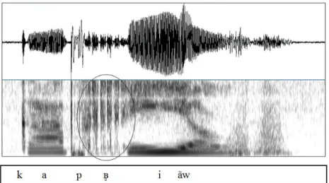 Figura 20: forma da onda e espectrograma contendo o rótico realizado como [ ʙ  ] no nome  ‘Gabriel’,  evocado por BSB_MAS_034 (19)