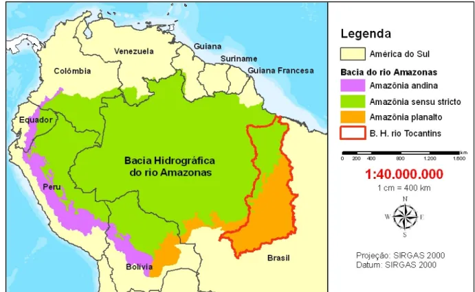 Figura 3: Abrangência da bacia hidrográfica do rio Amazonas. Escala 1:40.000.000. 
