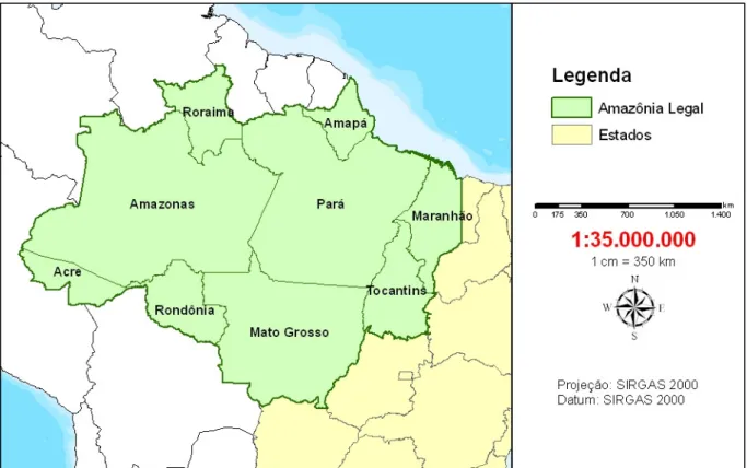 Figura 5: Abrangência atual da Amazônia Legal (2010). Escala 1:35.000.000. 