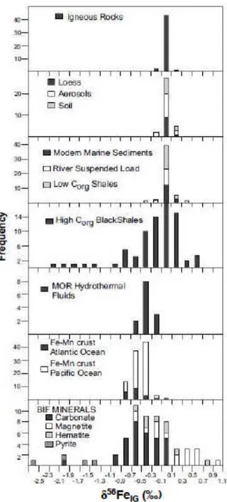 Figure  I-5:  Histogramme  synthétisant  les  mesures  des  compositions  isotopiques  en  fer  dans  des  roches  ignées,  des  roches  sédimentaires  et  des  fluides  hydrothermaux  (Beard  et  Johnson,  2004)
