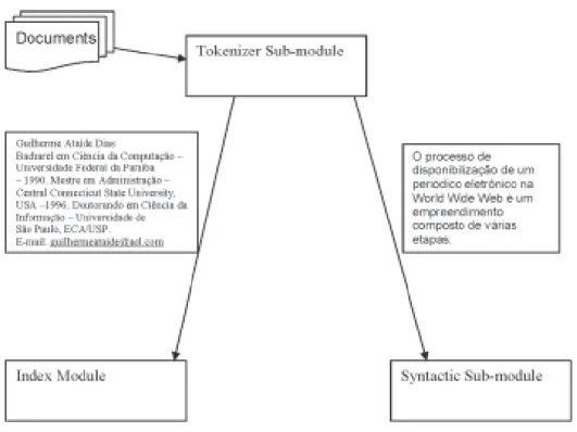 FIG. 2. TOKENIZER SUB-MODULE AND ITS OUTPUTS. THE AUTHOR(S) AND HIS/HER CHARACTERISTICS ARE SENT DIRECT TO THE INDEX MODULE.