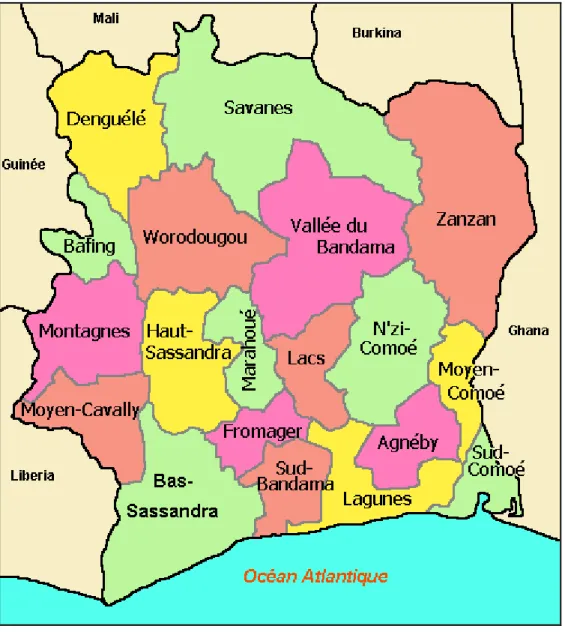 Fig. 1: Regiões administrativas da Costa do Marfim.