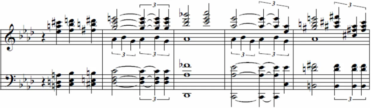 Figura no trecho um bloco de caráter rítmico-harmônico, construído por tríade de estrutura  superior (ex