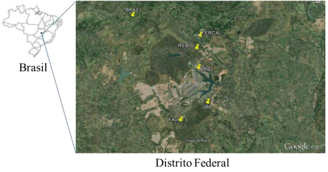 Figura 8. Locais de amostragem dos morcegos no Distrito Federal, Brasil. BRAZ (Fazenda Sarah, Brazlândia),  FERCAL  (Fercal,  ao  norte  de  Sobradinho),  REBIO  (Reserva  Biológica  da  Contagem,  Sobradinho),  ARB  (Arboreto da UnB, Asa Norte), JBB (Jard