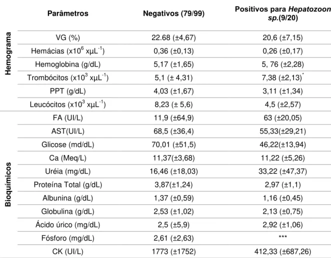 Tabela 5. Valores médios e desvio padrão dos parâmetros hematológicos e bioquímicos dos animais  positivos  e  negativos  para  infecção  por  Hepatozoon  sp