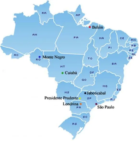 Figura 1. Mapa situando as diferentes regiões geográficas dos isolados controle brasileiros  com legenda das respectivas variações no número de unidades repetitivas das regiões de  repetição com variabilidade alélica (ecaj_0109, ecaj_0017 e ecaj_0221)